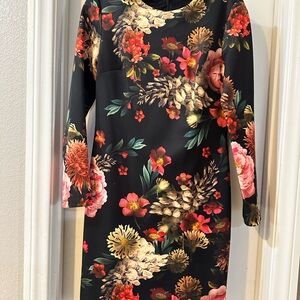 Black Long-Sleeve Floral Sheath Dress with Pink & Red Blooms